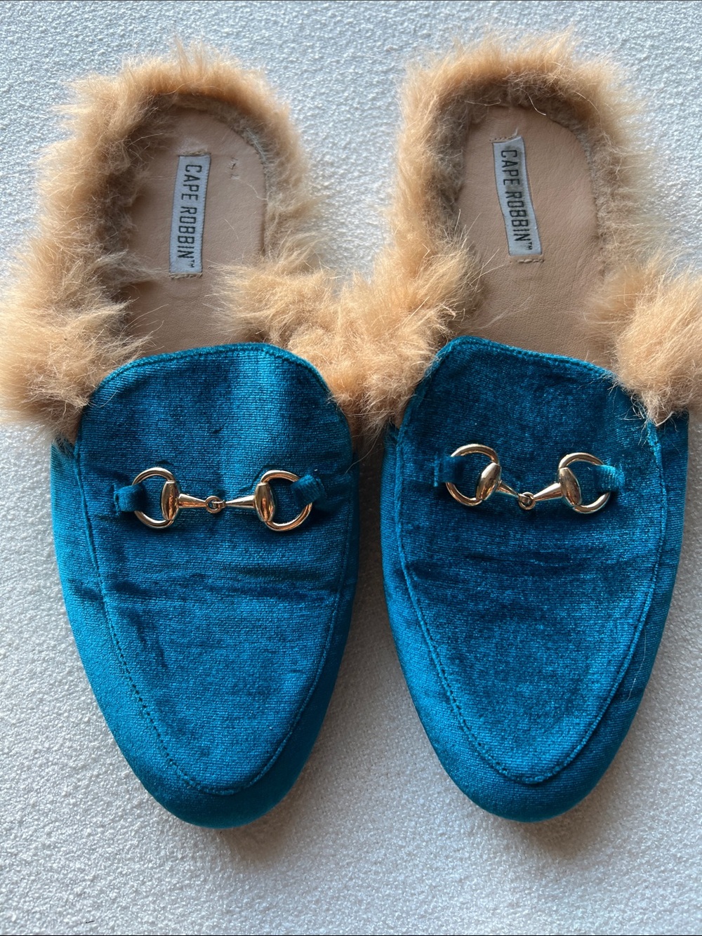 Cape Robbin Teal Velvet Faux Fur-Lined Mule with Gold Horsebit